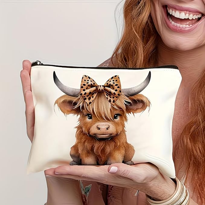 GRITOSE Spring Small Makeup Bag Cute Cattle with Brown Bow designs Cosmetic Bag Work Toiletry Bags Accessories for Family Friend Student Workday Birthday Gift Travel Pouch with Zipper