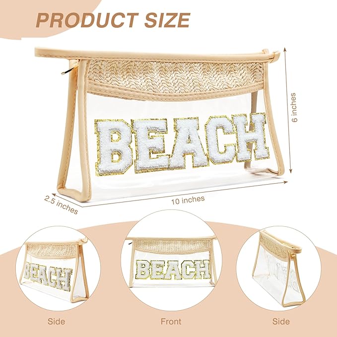 Boho Hand-woven Makeup Bag, Chenille Letter Patch Clear Travel Pouch, Rattan Straw Bag Clear Cosmetic Sunscreen Bags, Women Summer Retro Travel Beach Bag Beach Essentials (Boho_Beige-Beach)
