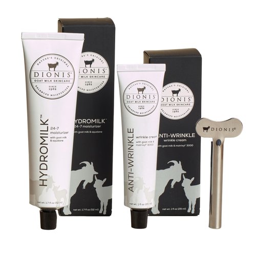 Dionis Goat Milk Skincare Essentials Skincare Set - Hydromilk Moisturizer, Anti-Wrinkle Cream, Roller Key for Skincare Routine, Cruelty Free, Paraben Free, For All Skin Types