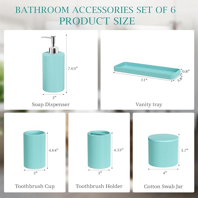 6-Piece Teal Blue Bathroom Set - Mesh Textured Resin Bathroom Accessories Set with Soap Dispenser, Toothbrush Holder, Cup, Vanity Tray & Apothecary Jars for Small Spaces