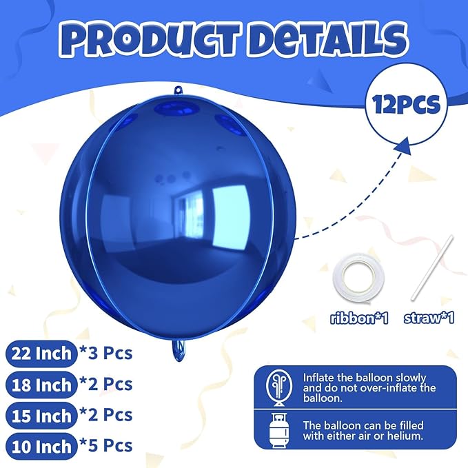 Biapian 12 Pcs Navy Blue Round Foil Balloons, 22" 18" 15" 10" 4D Round Ball Shape Balloon, Giant Dark Blue Metallic Balloons for Birthday Party Baby Shower Graduation Disco Prom Decorations Supplies