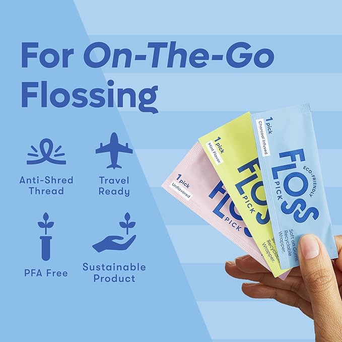 Individually Wrapped Dental Floss Picks (50ct) - Eco-Friendly Flosser Handle Made with Straw Wheat Blend | Great for Travel | PFA Free | Toothpick Stick Soft On Gums & Teeth | Vegan | Unflavored