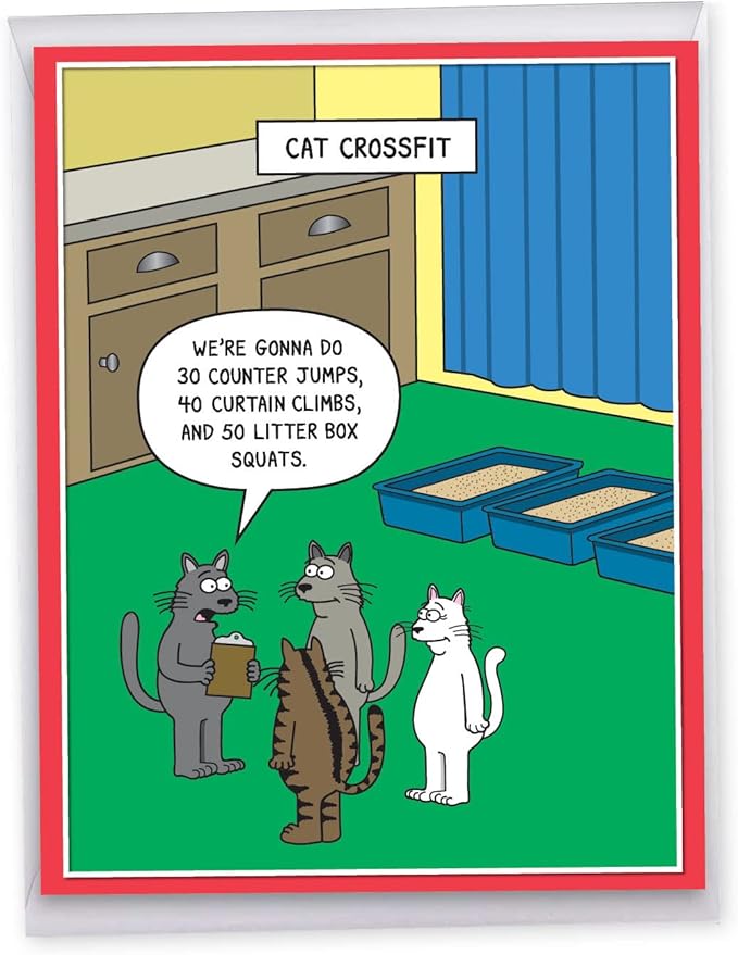 NobleWorks Jumbo Humorous Birthday Greeting Card From Us 8.5 x 11 Inch with Envelope forMen and Women (1 Pack) Big, Jumbo Bday Cat Crossfit J7298BDG-US
