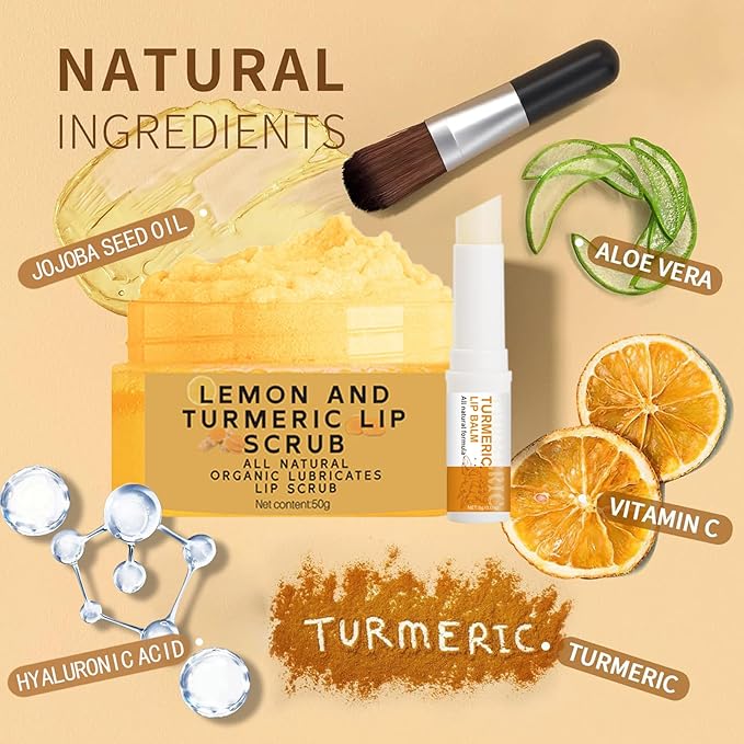 3PCS Lemon and Turmeric Lip Scrub & Turmeric Lip Balm with Brush Set, Lip Scrubber Exfoliator, Natural Nourish Sugar Lip Scrub for Dry, Chapped, Dull, Dark Lips, Reduce Fine Lines