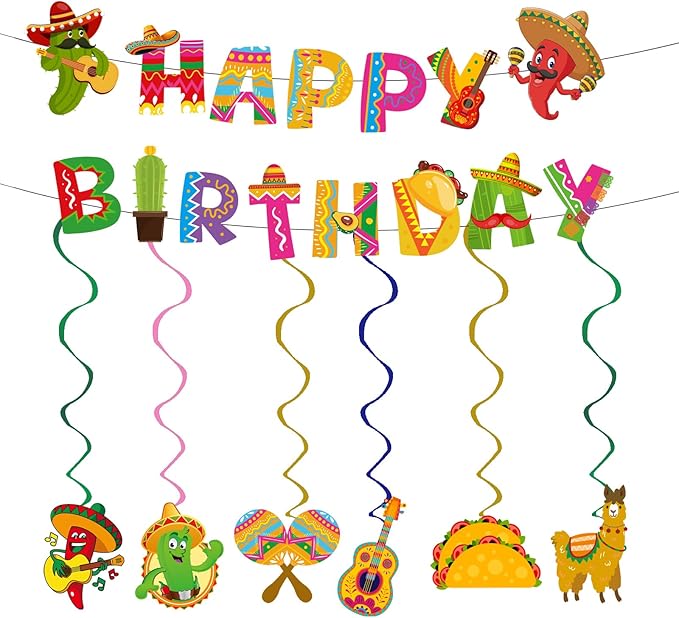 Mexican Fiesta Birthday Decorations, Colorful Mexican Banner Cinco De Mayo Garlands Hanging Swirls Decor for Mexico Carnival Taco Birthday Party Supplies (Fiesta)