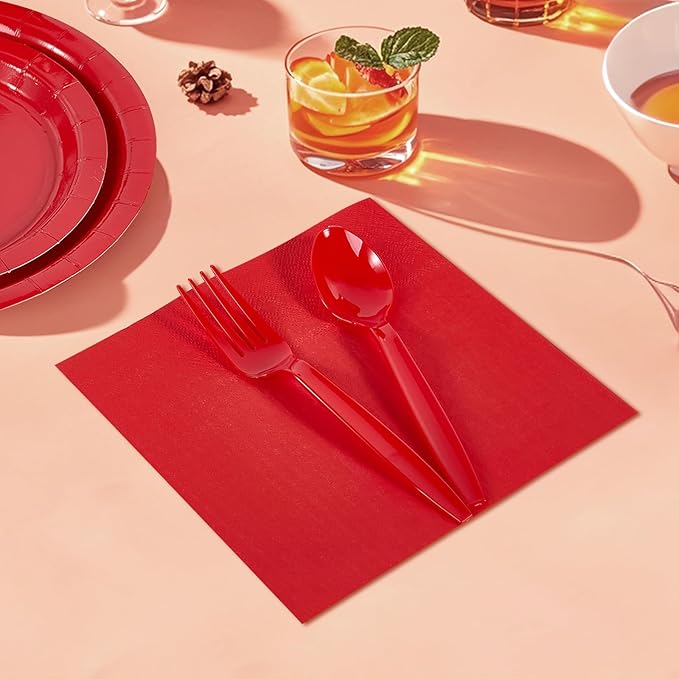 Ottin 169PCS Red Christmas Party Supplies for 24 Guests – Disposable Paper Plates, Napkins, Cups, Forks, Knives, Spoons & Tablecloth for Birthday, Wedding, Thanksgiving, Christmas, and New Year