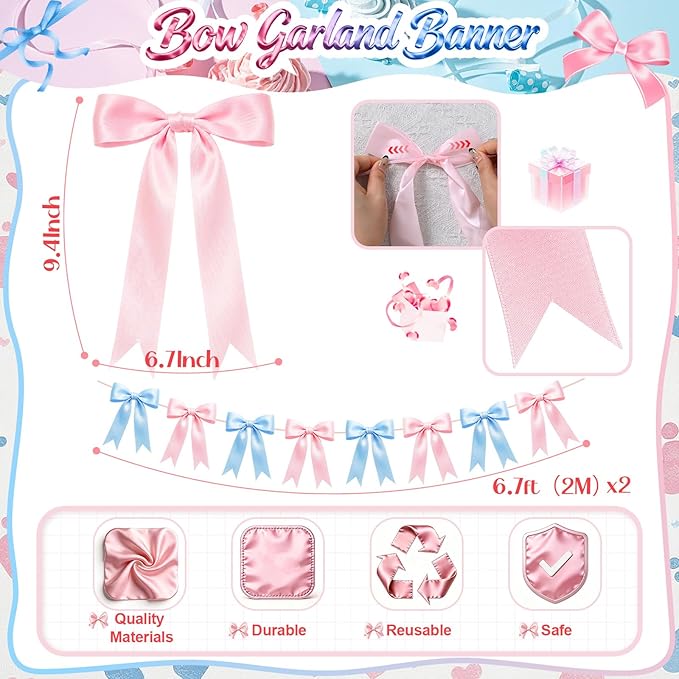 2 Strings Baby Pink & Blue Bow Garland Banner Decorations, 16Pcs Pre-Strung Satin Ribbon with 6.7ft Chain for Pink Blue Ribbon Bow Banner Coquette Room Birthday Baby Shower Gender Reveal Party Decor