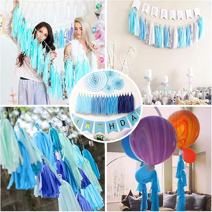 Blue Tissue Paper Tassel DIY Hanging Paper Decorations Party Garland for Parties, Weddings, Festivals, Baby Showers - 20PCS (SKY BLUE 35CM)