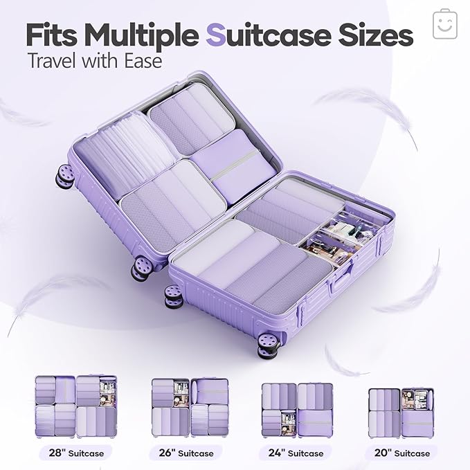 Veken 9/11 Set Compression Packing Cubes for Travel Essentials,Compressible Expandable Large Luggage Suitcase Organizer Bags for Clothing,Durable Space Saver Storage Bags(Light Purple)