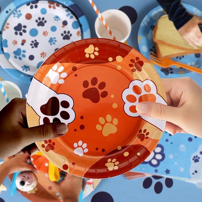 Cute Blue Dog Birthday Party Supplies Serves 20 Guests, 161CT Blue&Orange Dog Paw Print Party Dinnerware Dcorations, Pretty Puppy Plate, Tablecloth, Napkin, Cup for Birthday, Kids’Party, Baby Shower
