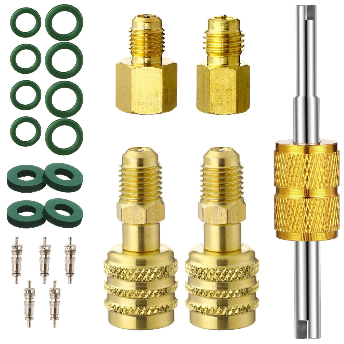 JaGely 18 Pcs R32 R454b A2l Adapter Kit for Split 1/4 to 1/2 R134a Fitting Adapters 1/2 to 1/4 Straight Adapter with Valve Core