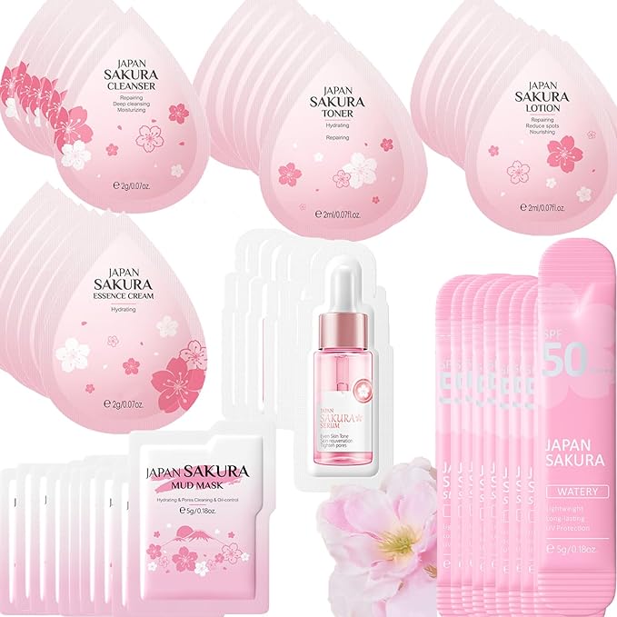 Mini Travel Skincare Products, Mini Travel Items Including Isolation Cream, Face Wash, Serum, Toner, Lotion, Cream, Sakura Mud Mask, Face Skin Care Routine Kit Organic Skin Care Set (70pieces)