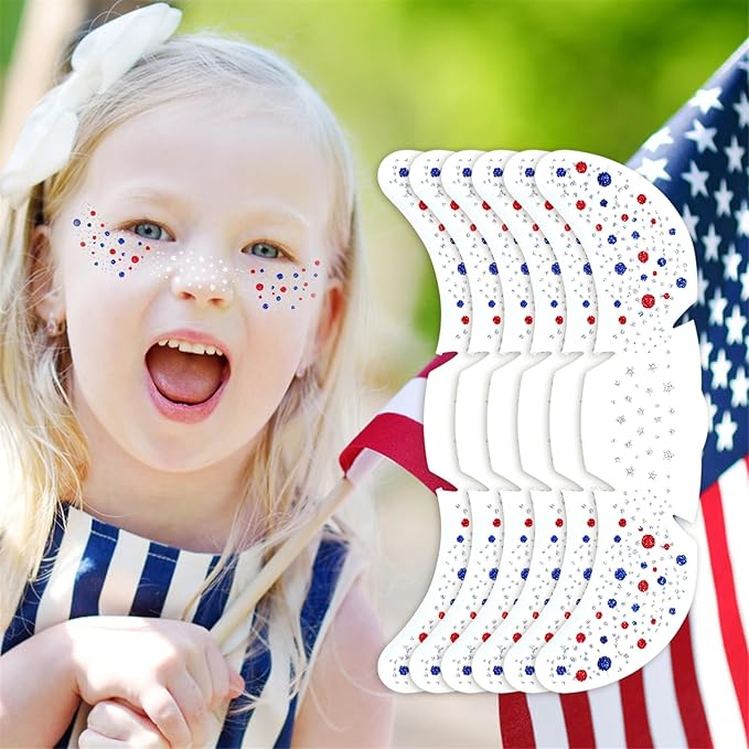 Go Ho Patriotic Red White and Blue Glitter Freckles Face Tattoo,4th of July Freckles Sparkle,4th of July Outfits for Women Kids,Fourth of July Glitter Stickers on Independence Day,6 Pcs