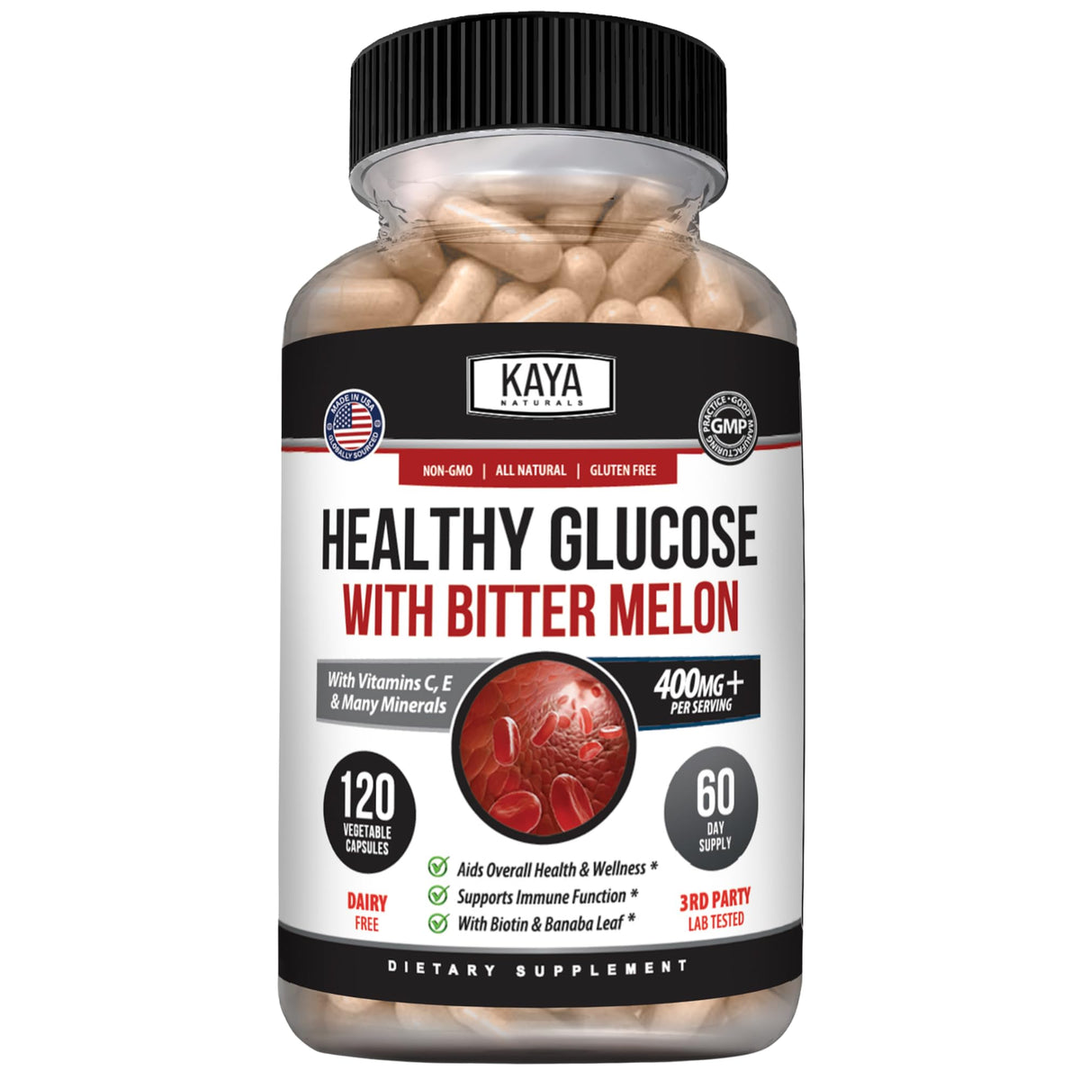 Kaya Naturals Healthy Gluco with Bittermelon Supplement | Support Healthy Levels and Function, 20 Herbs Vitamins and Minerals, Alpha Lipoic Acide, Cinnamon, Vitamin C & E, Non-GMO (120 Count)