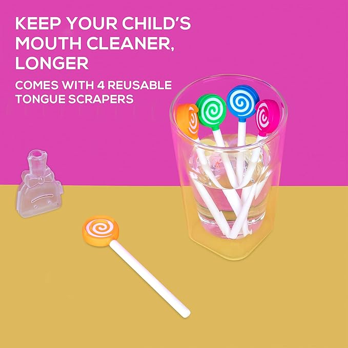 Kids Tongue Scraper or Cleaner Set – BPA-Free Plastic Dental Scrapers Helps Freshen Bad Breath, Remove Gunk – Multicolored with Easy-to-Grasp Handles and Brush Covers by 55Dental, Ages 2+ (Blue)