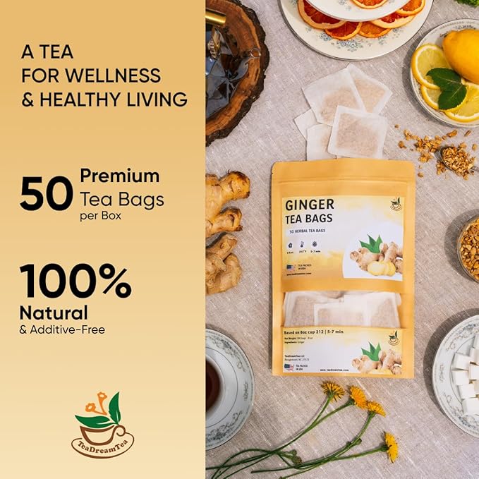 TeadreamTea Ginger Tea Bags - 50 Bleach-Free Tea Bags | Caffeine Free, Antioxidant, Calms Upset Stomach - Strengthen Immune System - Herbal Ginger Tea