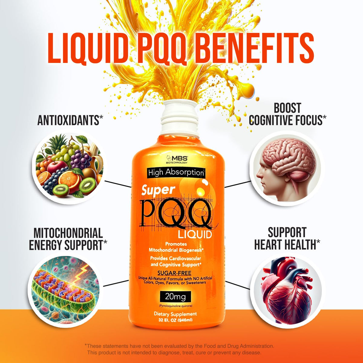 MBS Biotechnology - Super PQQ Liquid - Highly Absorbable Pyrroloquinoline Quinone 20 Milligram, Best Liquid PQQ for Mitochondrial Biogenesis, Supports Heart Health, Cognitive Function and Mental Focus