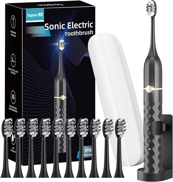 Electric Toothbrush Set, Equipped with 10 Brush Heads and Travel case, IPX8 Waterproof, 2-Minute Timer, 42000 high-Frequency Vibrations, 5 Modes, The First Choice for Gift Giving
