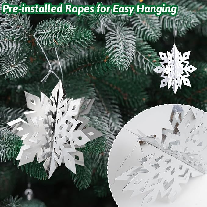 OuMuaMua Winter Christmas Snowflake Decorations Indoor, 24PCS 3D Large White and Silver Snowflakes Hanging Ornaments for Home Xmas Christmas Holiday Winter Wonderland New Year Party Decorations