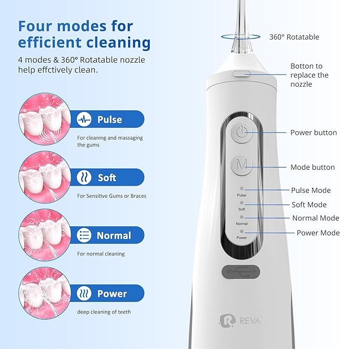 Cordless Dental Water Flosser for Teeth, Gums & Braces - Electric Oral Irrigator 310ML, 4 Modes, Rechargeable, 4 Jet Tips, Smart Memory, 360° Nozzle, IPX7 Waterproof & Low Noise (M209 - White)