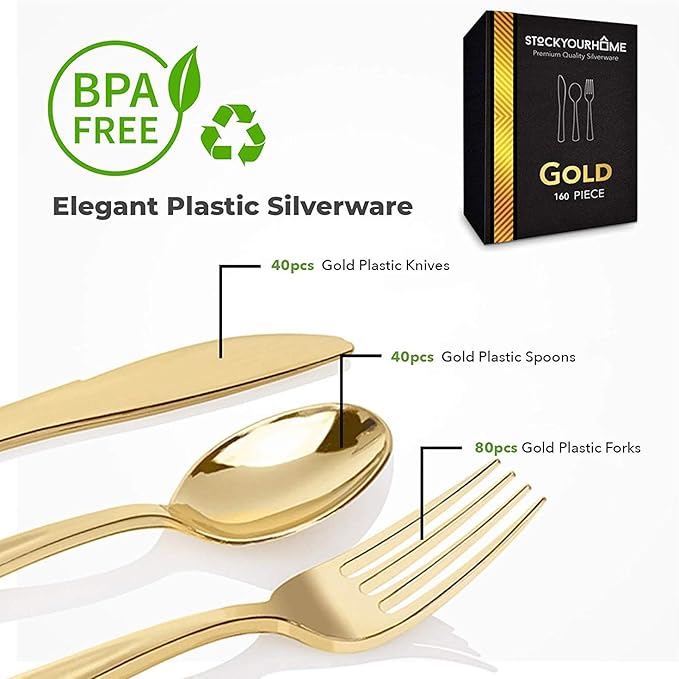 Gold Plastic Silverware Set (1280 Pack) – Includes 640 Forks, 320 Knives, 320 Spoons, Heavy-Duty Disposable Flatware for Parties, Weddings & Events