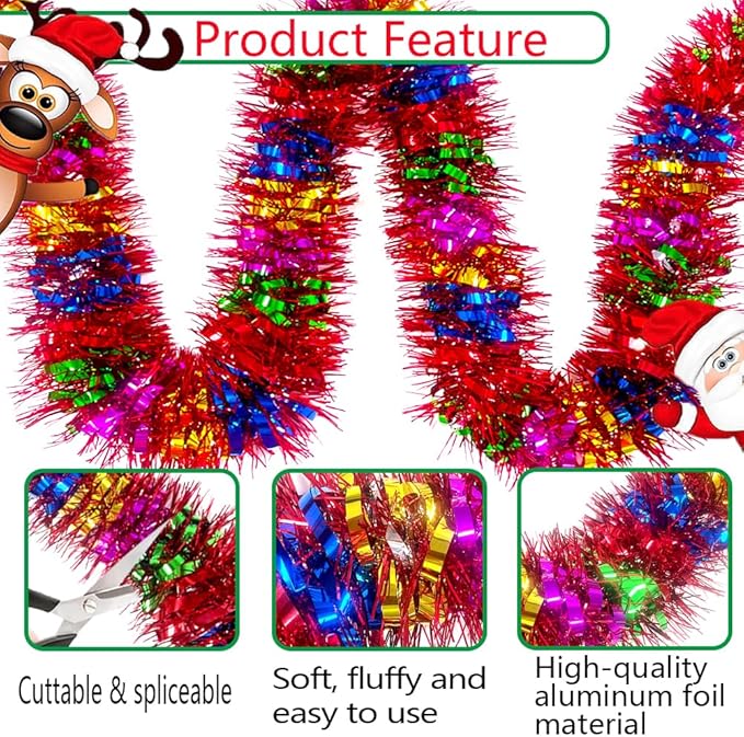 33Ft Long Tinsel Twist Garland Shiny Thick Metallic Foil Xmas Tree Decorations for Birthday Party Christmas New Year Parties Parade Floats and Other Holidays Hanging Decor Supplies-(Colours+Red)