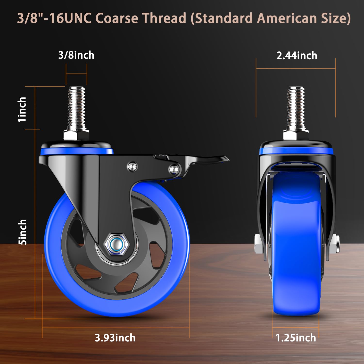 4 Inch Caster Wheels Heavy Duty Stem Caster 2000Lbs, Threaded Stem Casters 3/8"-16 x 1(Stem Diameter 3/8", Stem Length 1"), Swviel Locking Caster Set of 4, Industrial Castor Wheels for Cart,Furniture