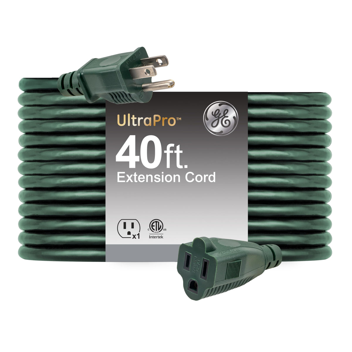 GE Outdoor Extension Cord, 40 Ft, Grounded Heavy Duty Extension Cord, 16AWG 3 Prong Outdoor, Extension Cord, ETL Listed, Green, 81601