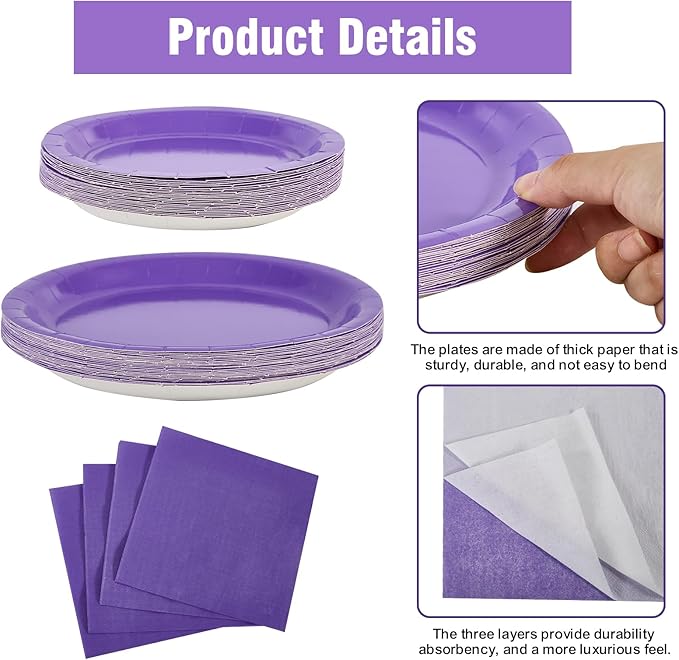 Ottin 169PCS Purple Christmas Party Supplies for 24 Guests – Disposable Paper Plates, Napkins, Cups, Forks, Knives, Spoons & Tablecloth for Birthday, Wedding, Thanksgiving, Christmas, and New Year