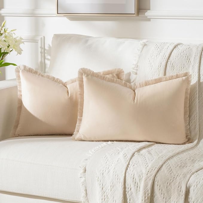 FUTEI Beige Velvet Decorative Throw Pillow Covers 12x20 Set of 2,Soft Cozy Edge with Tassels Lumbar Pillow Cases,Boho Modern Home Decor for Couch Bed Living Room