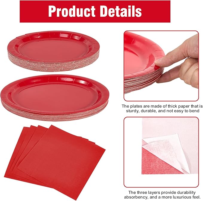 Ottin 169PCS Red Christmas Party Supplies for 24 Guests – Disposable Paper Plates, Napkins, Cups, Forks, Knives, Spoons & Tablecloth for Birthday, Wedding, Thanksgiving, Christmas, and New Year