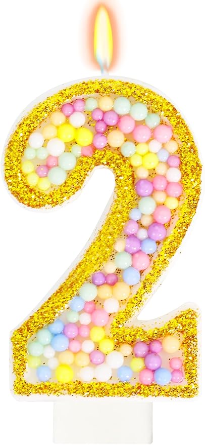 2nd Birthday Candle for Cake, Colorful Macaron Numeral Candles for Boys/Girls, Birthday Party Cake Decorations, Golden Cake Topper for Birthday Party Supplies (Number 2)