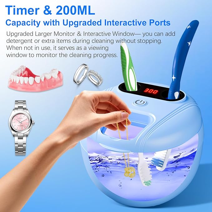 Ultrasonic Retainer Cleaner, 45kHz Retainer Cleaner Machine for Denture Cleaning Pod for Mouth Guards|Aligners|Braces|Toothbrush Heads|Jewelry, 200ML Dental Cleaning Pod with 4 Modes & Digital Timer