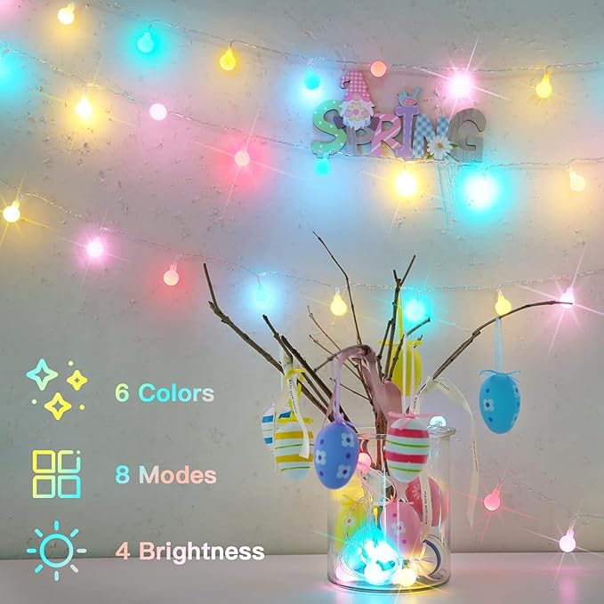 suddus Pastel Easter String Lights, 66ft 200 Led Connectable Globe String Lights Indoor with Timer, Fairy Lights Plug in for Mantle, Tree, Bedroom, Party, Room, Classroom, Patio, Outdoor Decoration