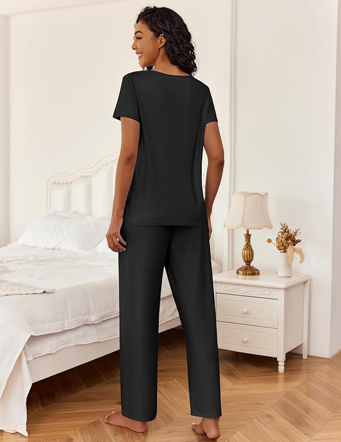 Ekouaer 2 Piece Womens Pajamas V Neck Short Sleeve Top and Long Pants Pjs Print Lounge Set Sleepwear