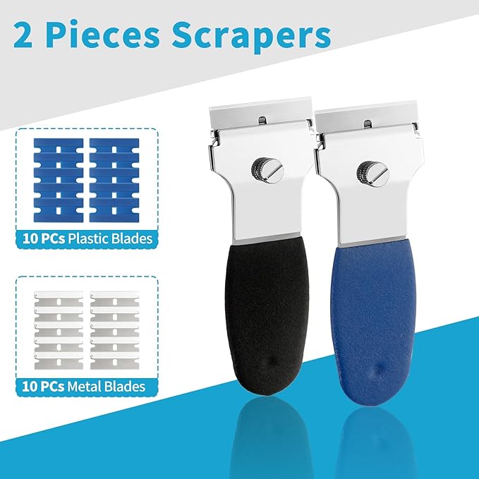 2 Pack Razor Blade Scraper, Multi-Purpose Cleaning Remover Tool, with 10 Metal & 10 Plastic Blades, for Glass Caulk, Adhesive, Wall, Stovetop, Paint, Window, Sticker, Tile, Label Decals