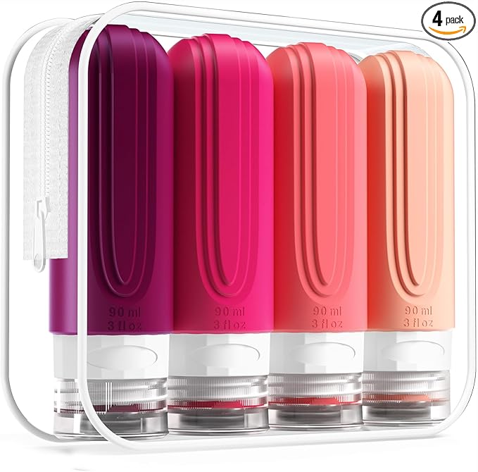 Mrsdry Travel Bottles for Toiletries, Tsa Approved 3oz Travel Size Containers BPA Free Leak Proof Refillable Liquid Silicone Squeezable Travel Accessories for Shampoo Conditioner Lotion (4 Pack)