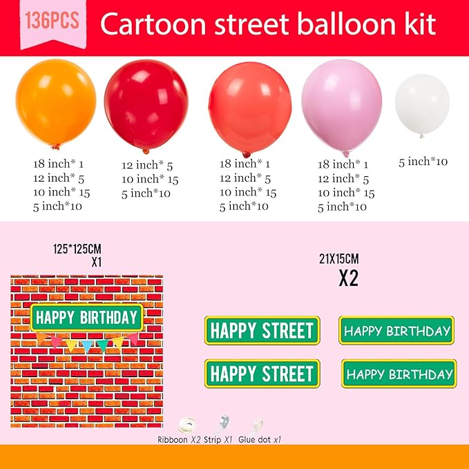 Sesame Friends Birthday Party decorations Cartoon Theme primary color Balloon Garland Kit Red Orange Pink White Latex Balloon Arch With background For kid birthday supplies Back to School decorations