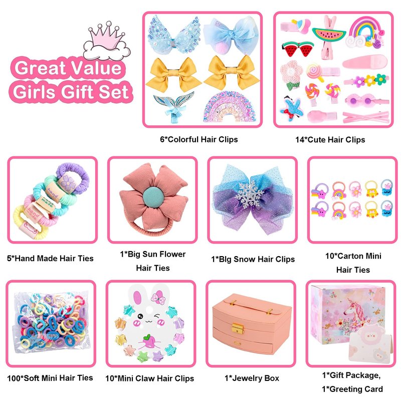 Qopoto Hair Accessories Kits for Girls, Hair Set for Girls Including Gift Box/Hair Clips/Hair Barrettes/Hair Ties/Hair Bows, Little Girls Teen Girl Birthday Gifts Age 4-15 (Pink with Case)
