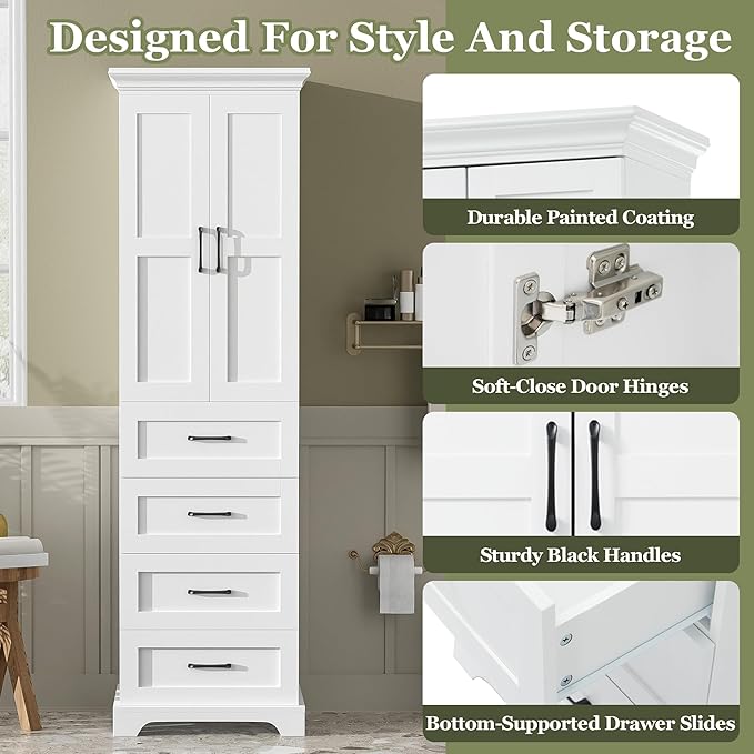 Tall Freestanding Storage Cabinet with 2 Doors & 3 Drawers, Multi-Purpose Organizer with Adjustable Shelf for Bathroom, Office, Living Room, White