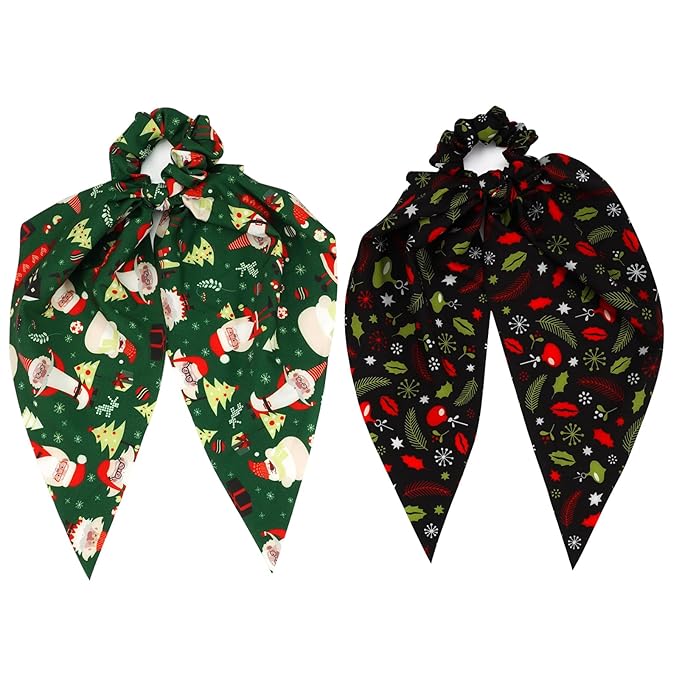Christmas Hair Ties for Woman Girls Santa Claus Christmas Tree Ribbon Hair Scrunchies Elastic Xmas Hair Tie Soft Party Supplies Gifts Hair Accessories 2PCS