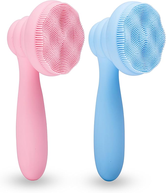 2 PC Silicone Facial Cleansing Brush Facial Scrubber Manual Exfoliating Facial Brush Face Cleanser Face Exfoliator Ultrafine Bristles for Sensitive Skin Easy to Clean Lather Well(Pink&Blue)