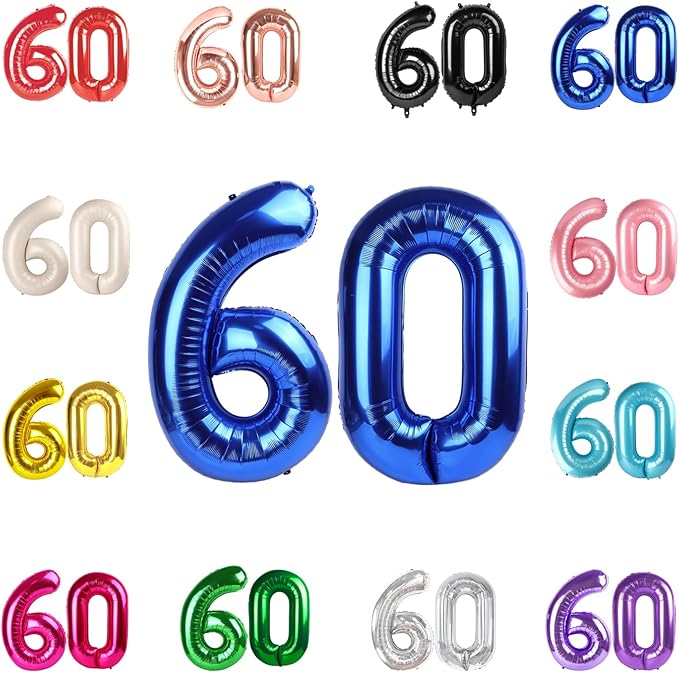 60 Balloon Number, Metallic Blue Number 60th Birthday Balloons 40 Inch, 60 Years Old Metallic Blue Birthday Decorations for Men Women, 60th Anniversary Decorations