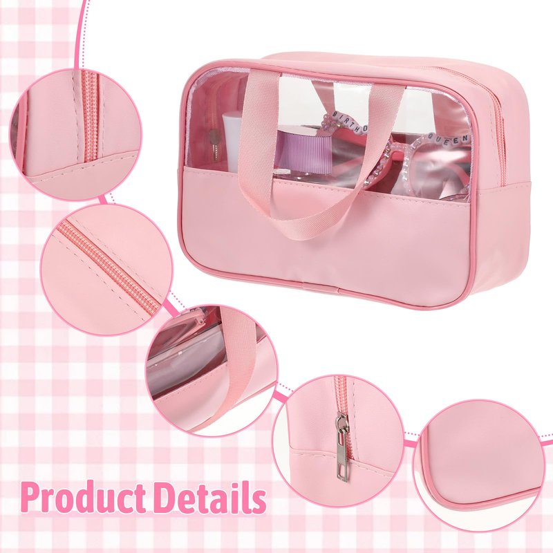 9 Pcs Translucent Make up Bag Pink Big Travel Cosmetic Makeup Toiletry Bag with Handle and Zipper Waterproof Portable Cosmetic Travels Bags for Travel Toiletries Accessories, 10.2 x 6.3 x 2.8 Inches