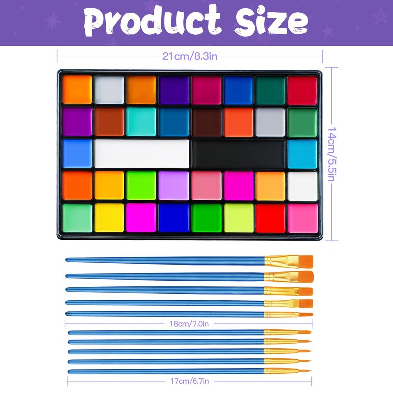 Face Painting Kit for Kids, 36 Colors Water Activated Face Paint with Brushes & Stencils, Non-Toxic Halloween Makeup Kit, Professional Face Body Paint for Halloween, Parties, Carnival, School Events