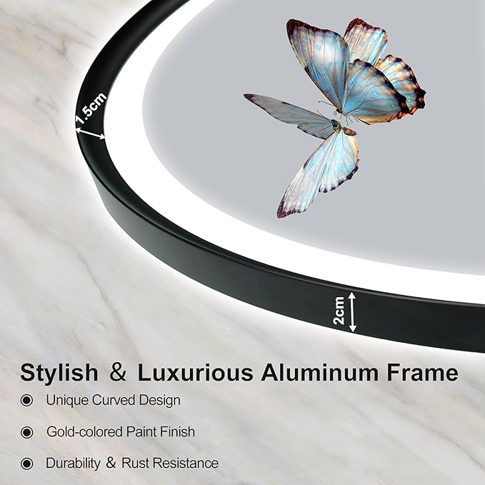 S'bagno 24x36 Oval Black LED Mirror for Bathroom with Frontlit & Backlit, LED Bathroom Mirror with Metal Frame, Anti-Fog, Stepless Dimmable, 3 Colors Temperature LED Vanity Mirror(Horizontal/Vertical)