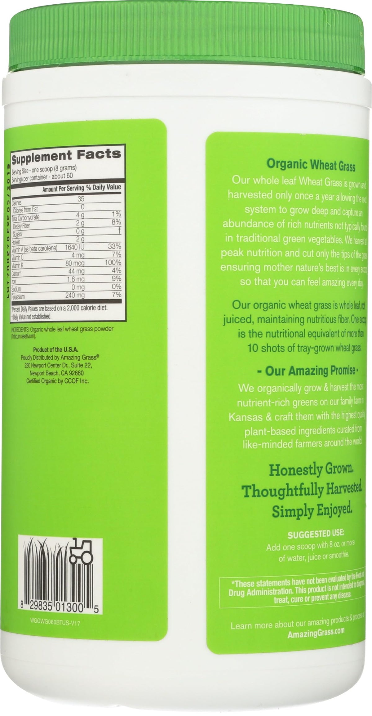 Amazing Grass Wheat Grass Powder: 100% Whole-Leaf Wheat Grass Powder for Energy, Detox & Immunity Support, Chlorophyll Providing Greens, 60 Servings