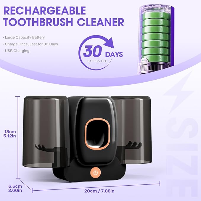 3 in 1 Toothbrush Cleaner Holders,Rechargeable Wall Mounted Toothbrush Holder Toothpaste Dispenser Automatic 2 Cups Tooth Brush Holder for Bathroom, No Drilling, 4 Slots (Black)