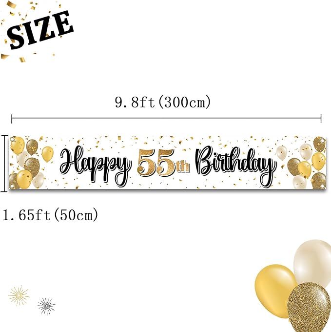 Happy 55th Birthday Decorations,55th Gold Balloon Large Birthday Hanging Banner Sign,55 Years Old Bday Party Supplies.