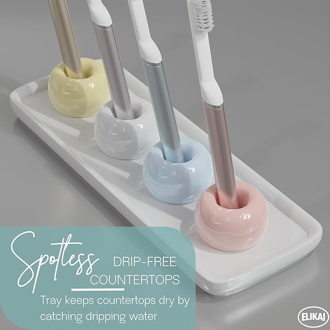 ELIKAI Ceramic Toothbrush Holder Set with Tray, Countertop Organizer for Bathroom, Storage Solution for Toothbrushes, Bathroom Accessories - Pastels – 4 Pack